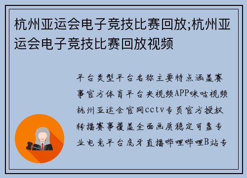 杭州亚运会电子竞技比赛回放;杭州亚运会电子竞技比赛回放视频